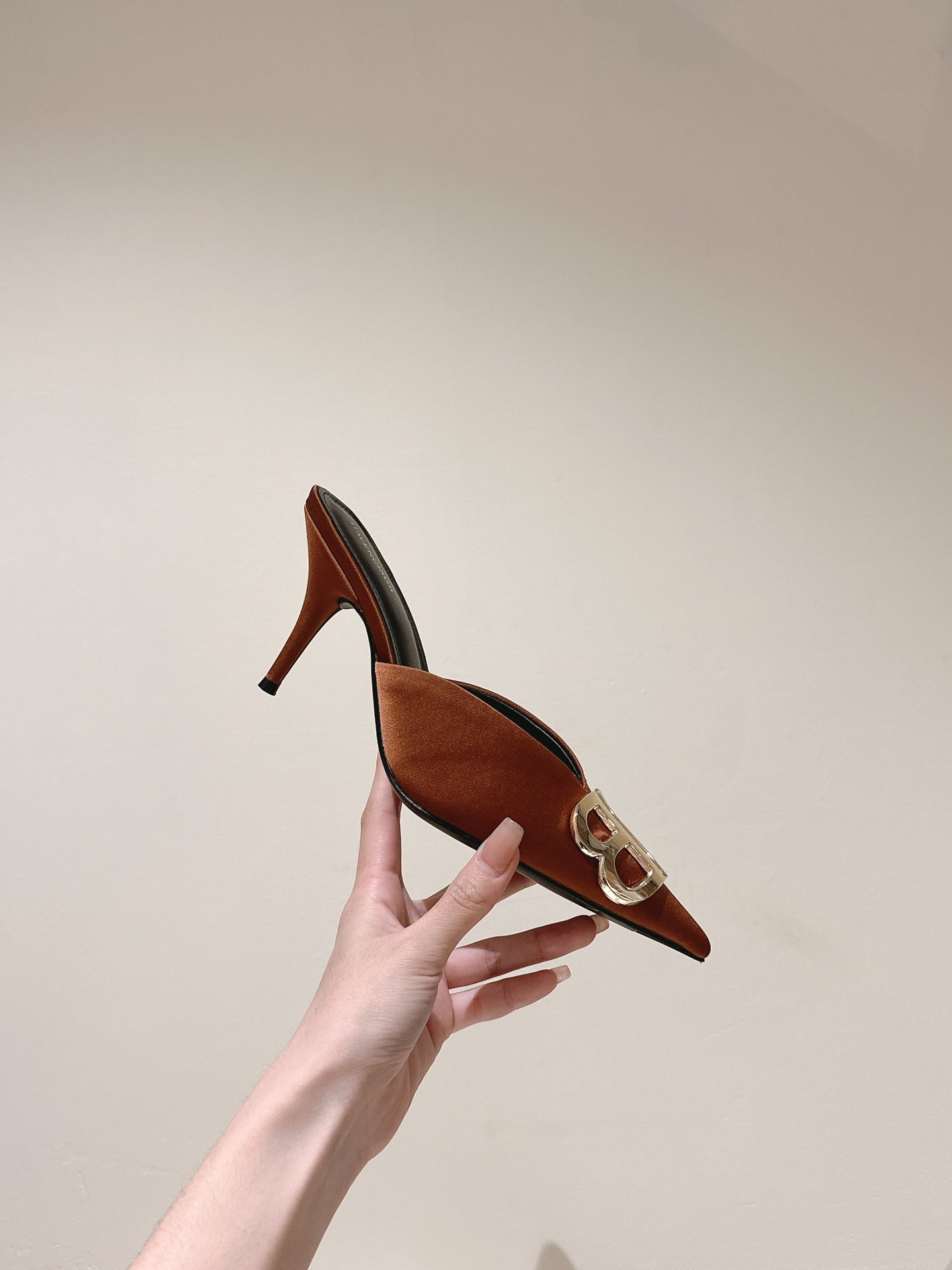 Balanciaga POINTED BB GOLD BUCKLE HIGH MULES IN BROWN RUST SILK
