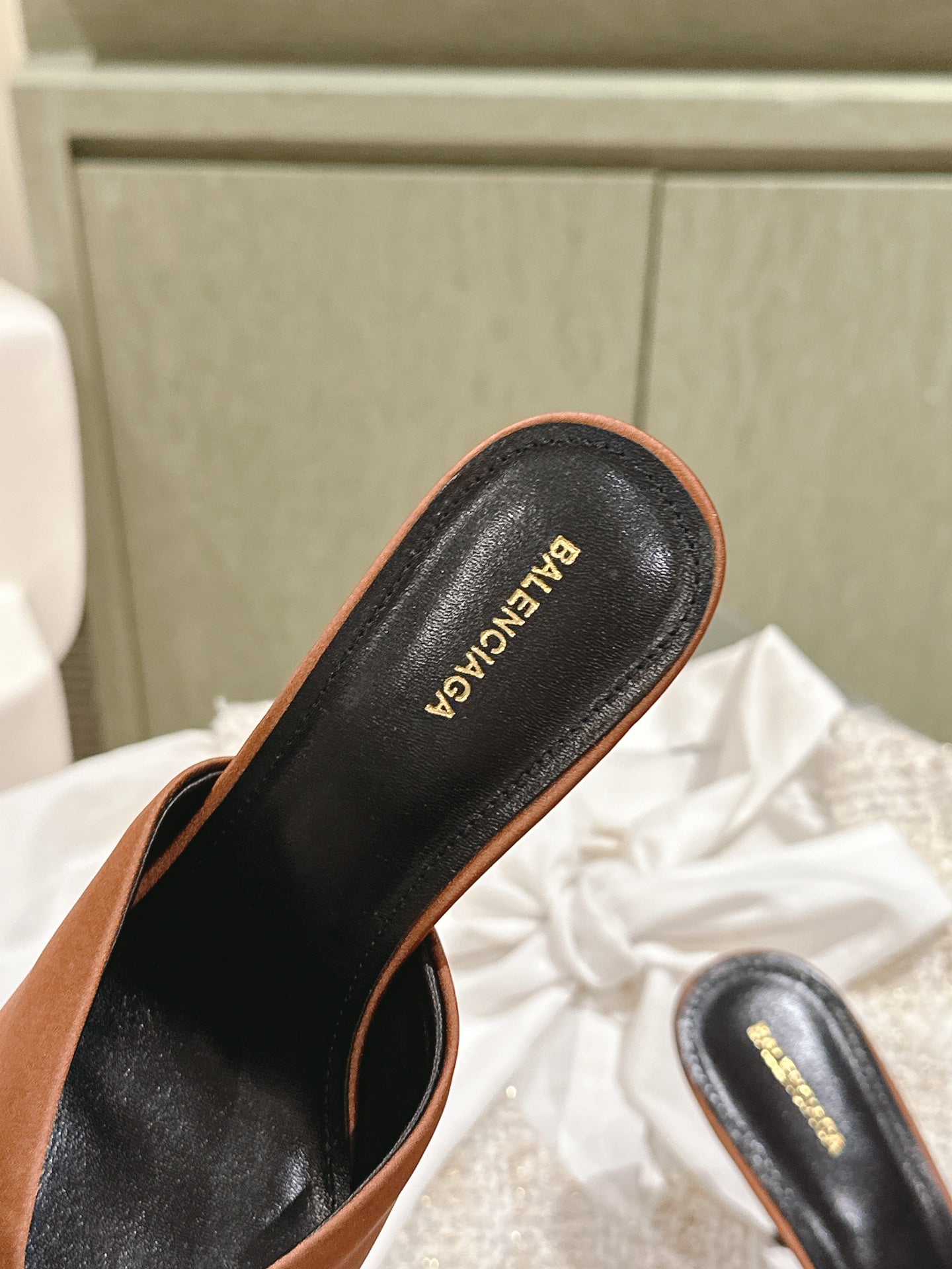 Balanciaga POINTED BB GOLD BUCKLE HIGH MULES IN BROWN RUST SILK
