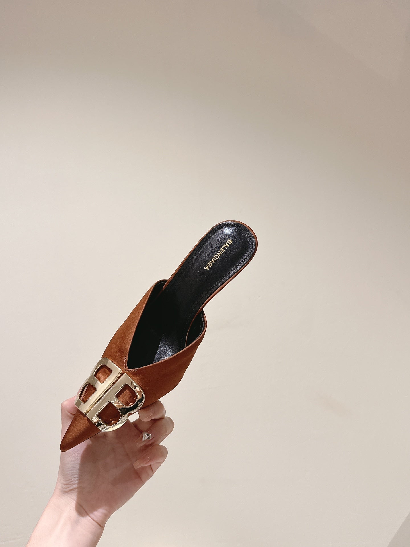 Balanciaga POINTED BB GOLD BUCKLE HIGH MULES IN BROWN RUST SILK