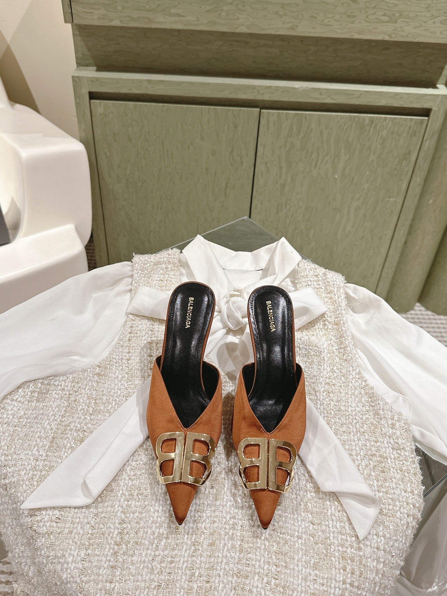 Balanciaga POINTED BB GOLD BUCKLE HIGH MULES IN BROWN RUST SILK