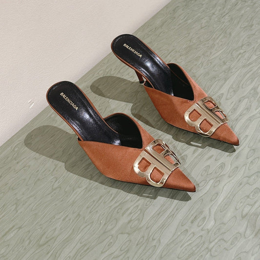 Balanciaga POINTED BB GOLD BUCKLE HIGH MULES IN BROWN RUST SILK