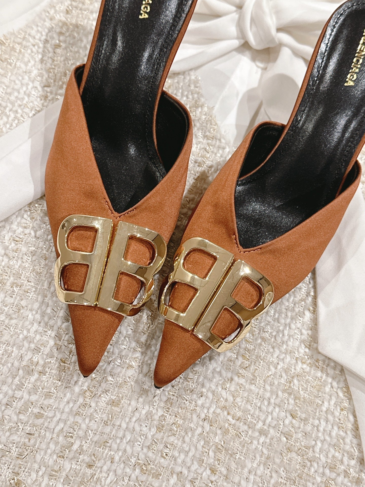 Balanciaga POINTED BB GOLD BUCKLE HIGH MULES IN BROWN RUST SILK