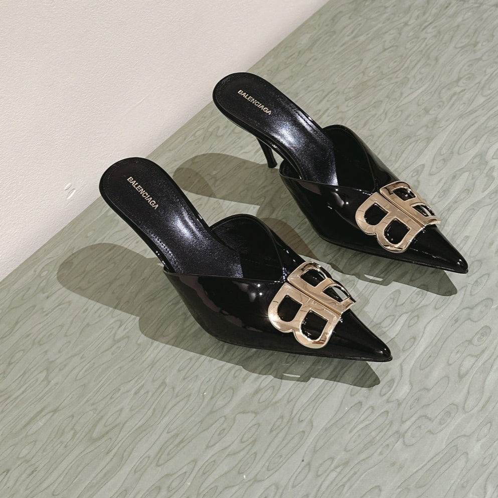Balanciaga POINTED BB GOLD BUCKLE HIGH MULES IN BLACK PATENT CALFSKIN