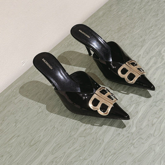 Balanciaga POINTED BB GOLD BUCKLE HIGH MULES IN BLACK PATENT CALFSKIN