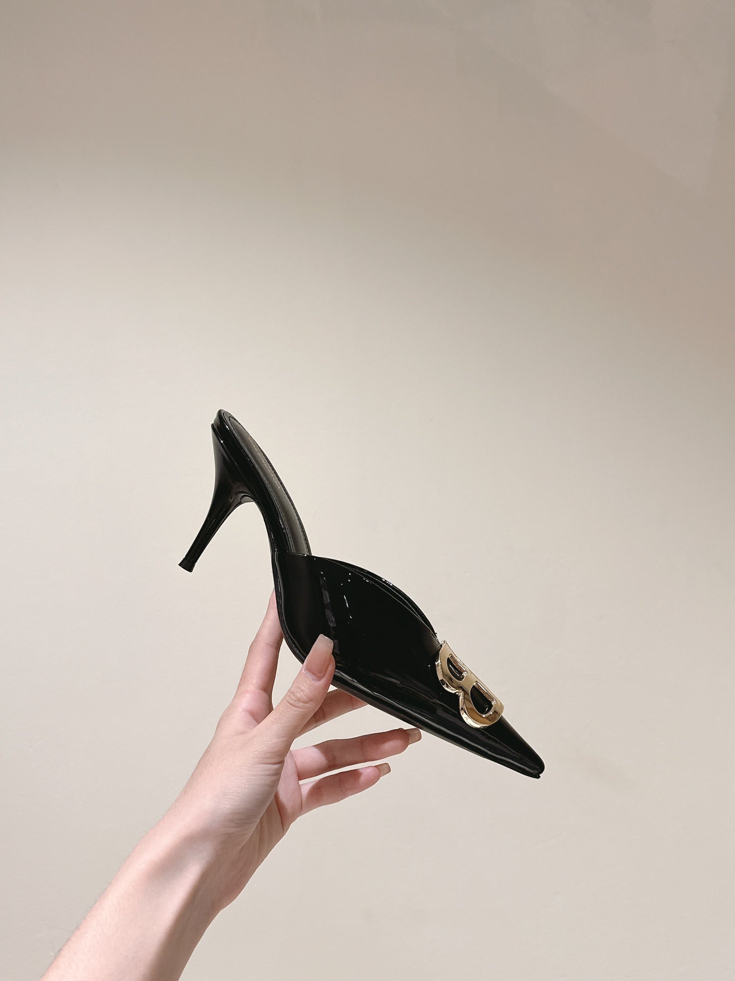 Balanciaga POINTED BB GOLD BUCKLE HIGH MULES IN BLACK PATENT CALFSKIN