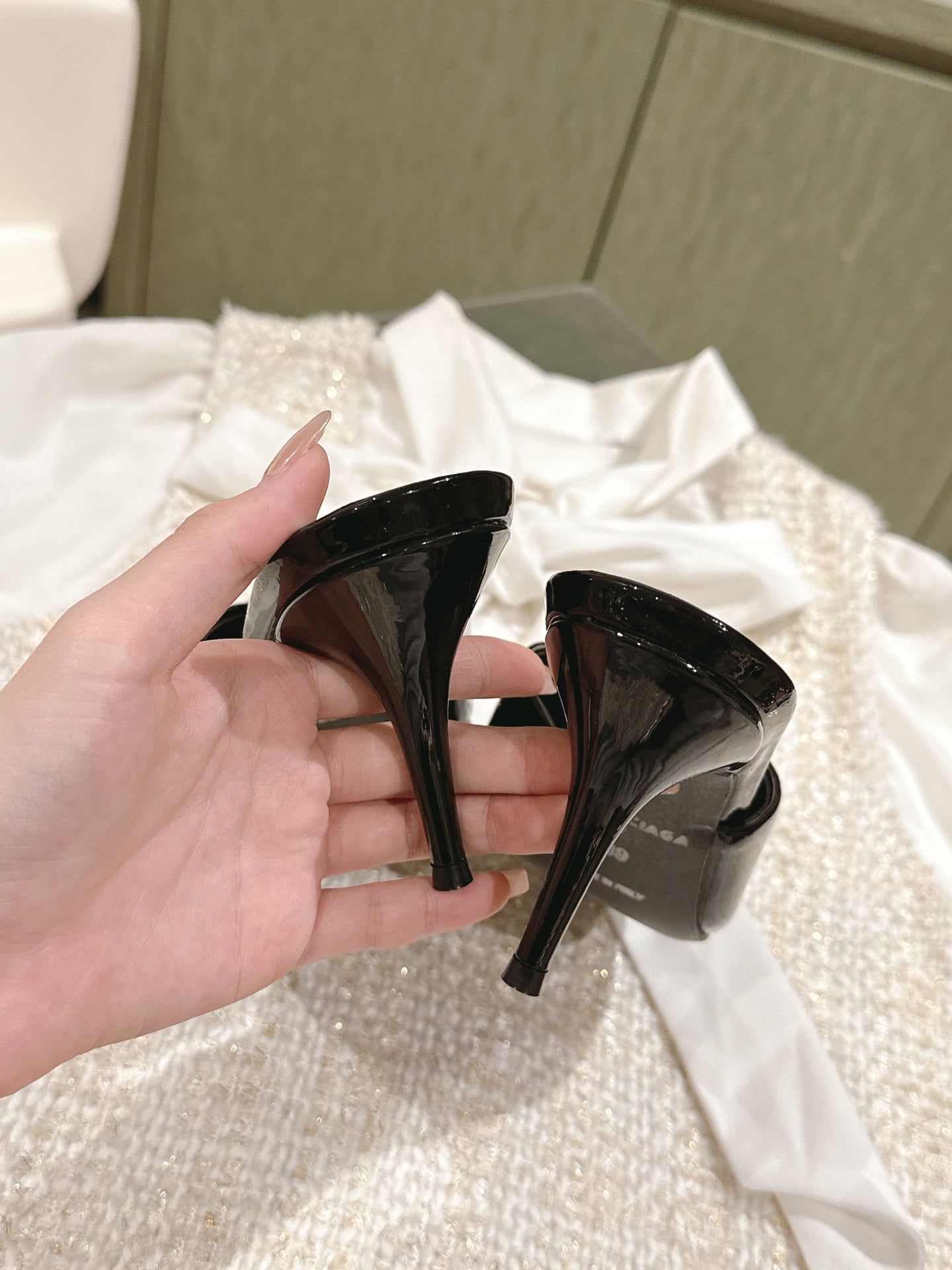 Balanciaga POINTED BB GOLD BUCKLE HIGH MULES IN BLACK PATENT CALFSKIN
