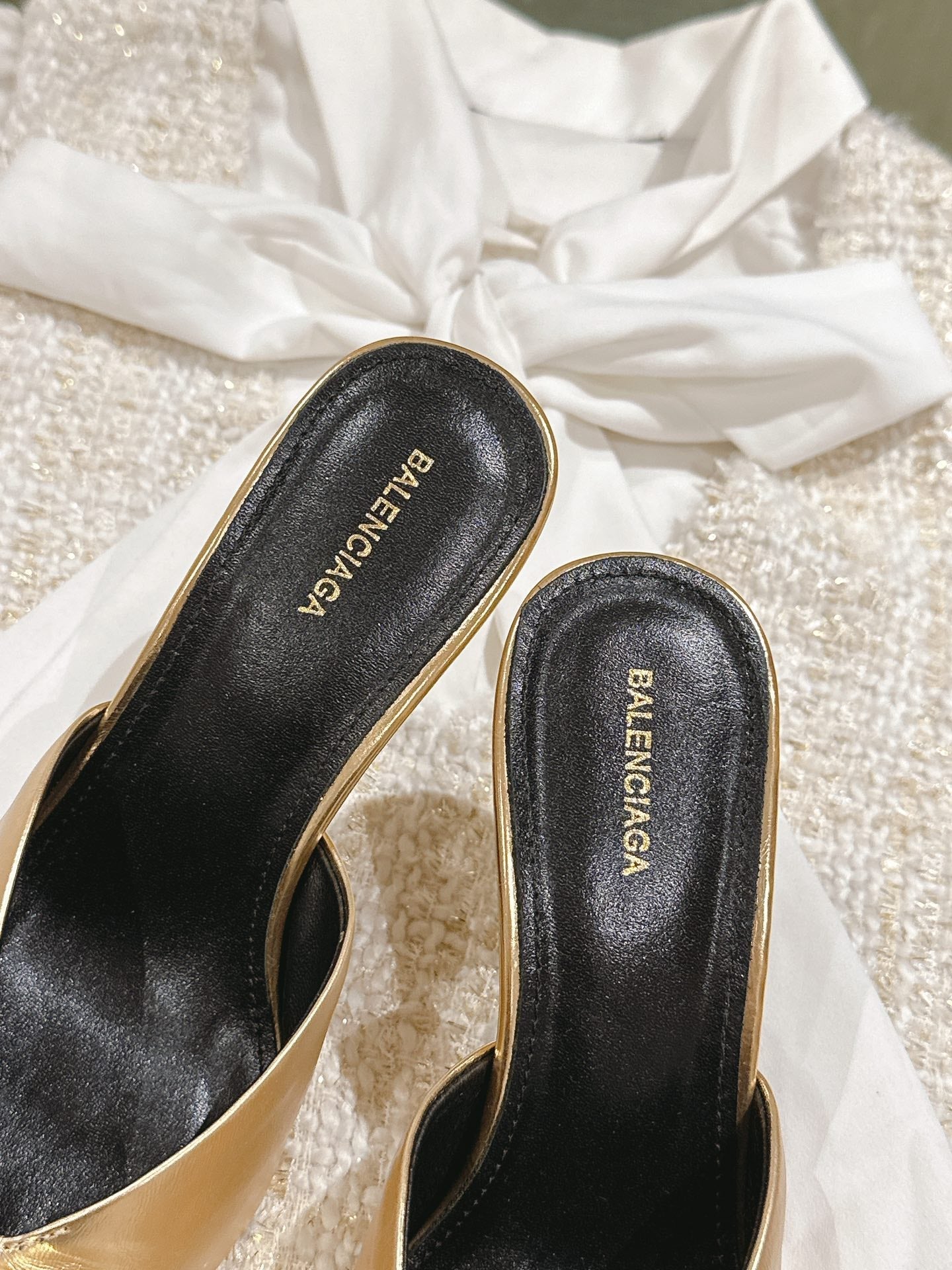 Balanciaga POINTED BB GOLD BUCKLE HIGH MULES IN GOLD METALLIC CALFSKIN