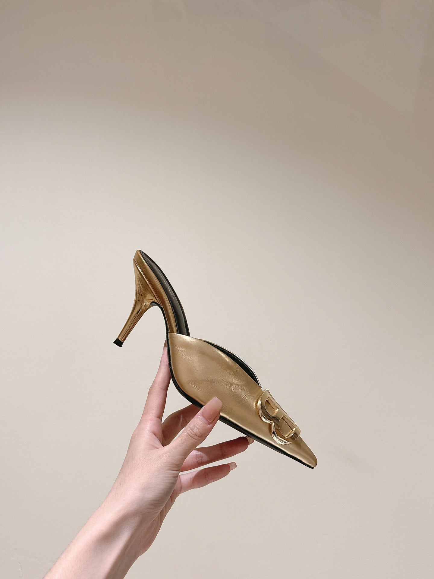 Balanciaga POINTED BB GOLD BUCKLE HIGH MULES IN GOLD METALLIC CALFSKIN