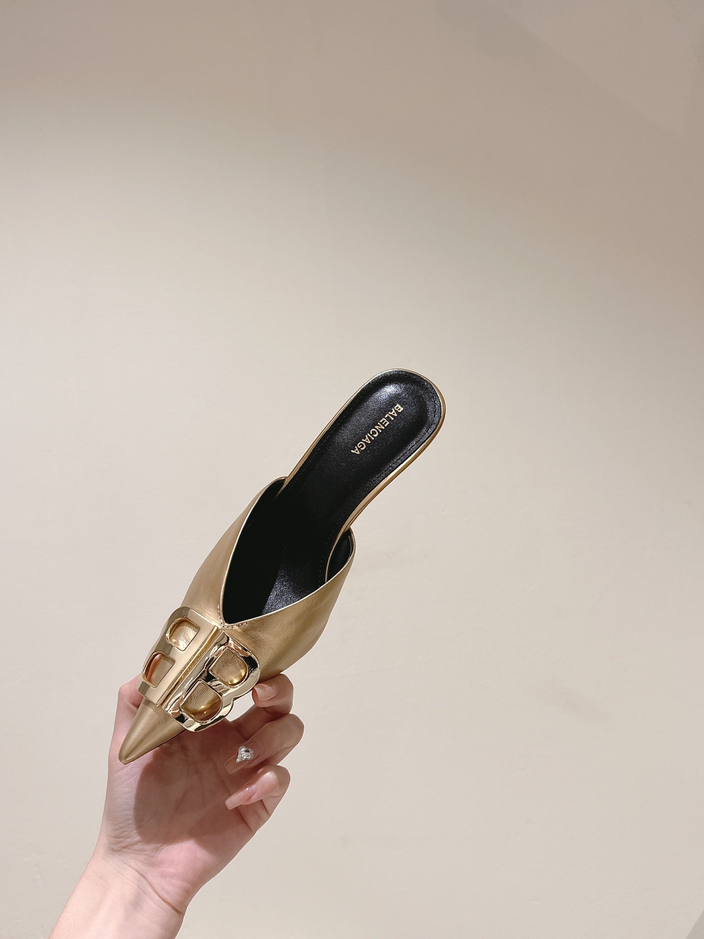 Balanciaga POINTED BB GOLD BUCKLE HIGH MULES IN GOLD METALLIC CALFSKIN