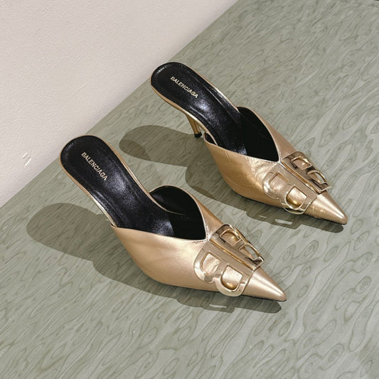 Balanciaga POINTED BB GOLD BUCKLE HIGH MULES IN GOLD METALLIC CALFSKIN