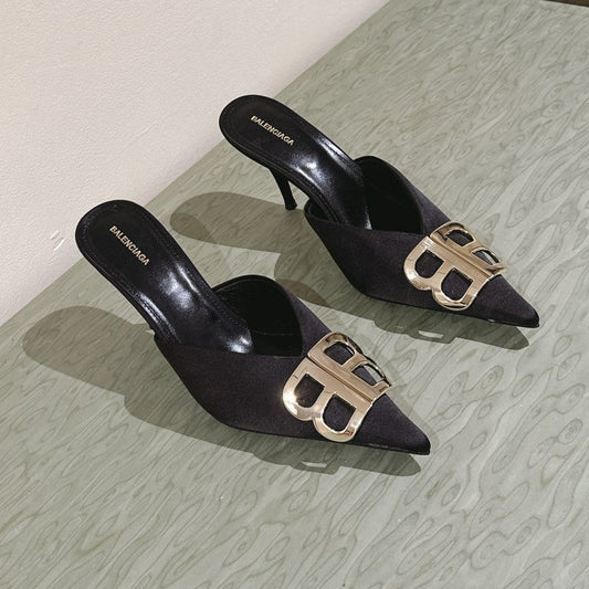 Balanciaga POINTED BB GOLD BUCKLE HIGH MULES IN BLACK SILK