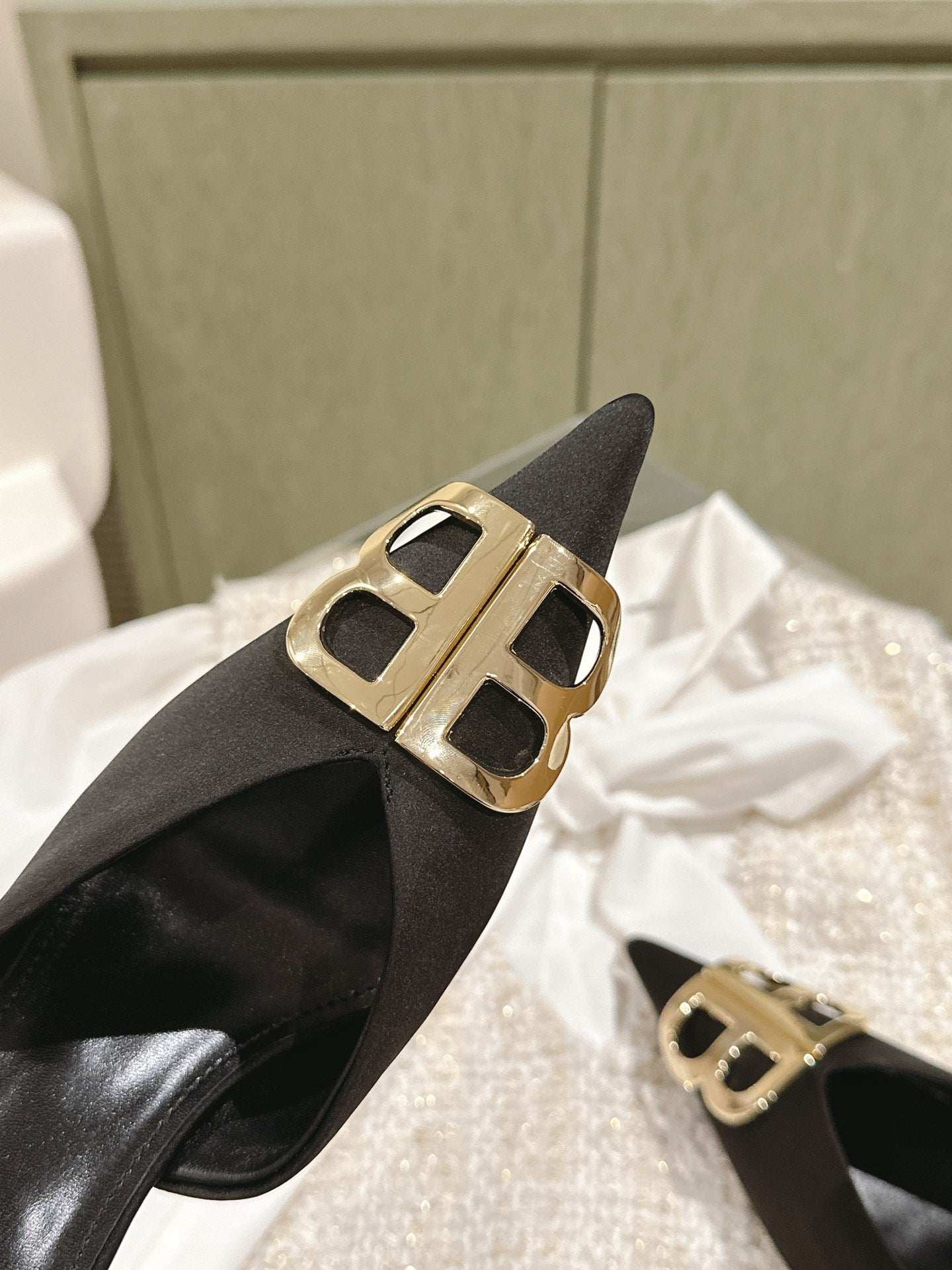 Balanciaga POINTED BB GOLD BUCKLE HIGH MULES IN BLACK SILK