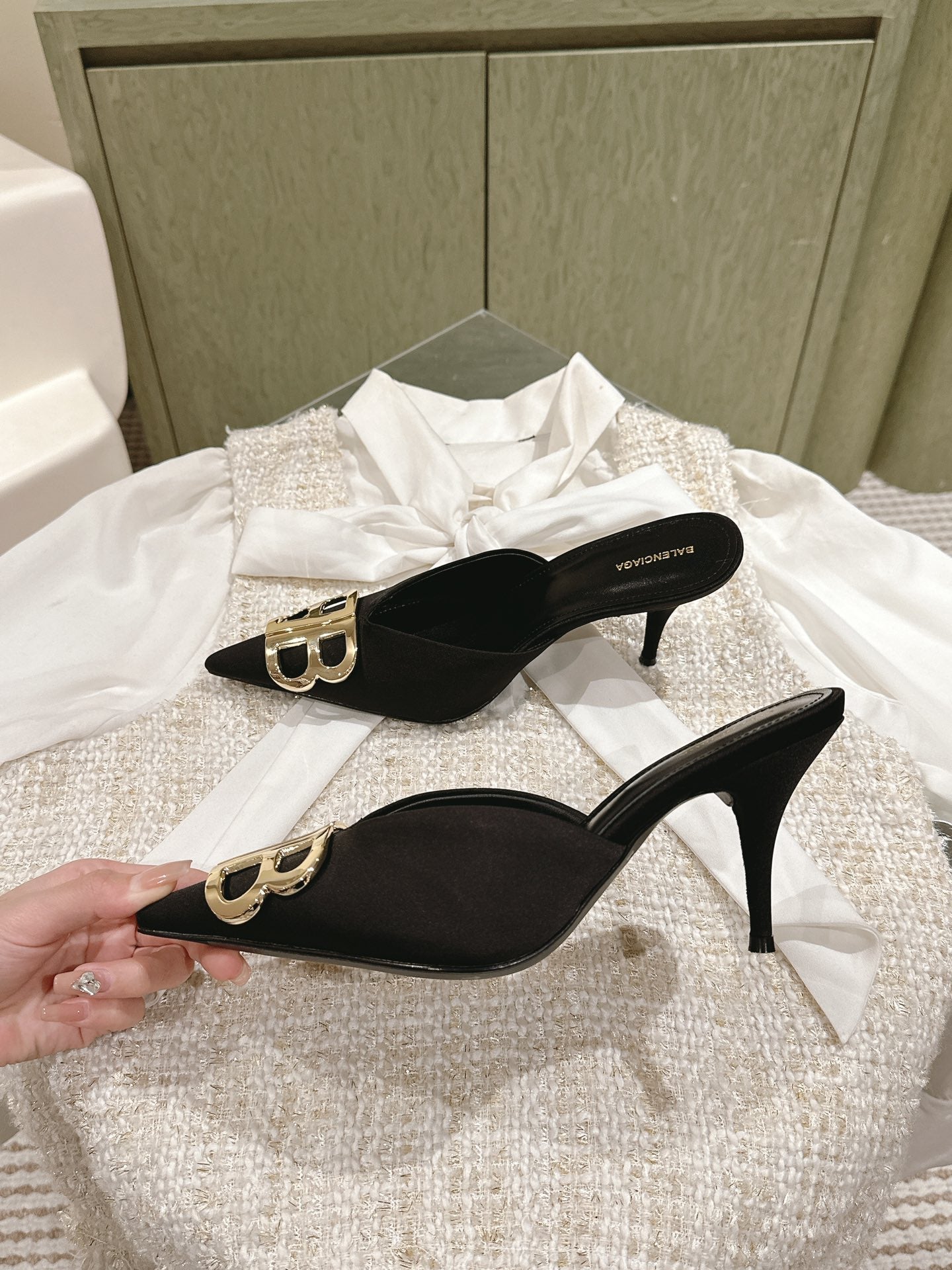 Balanciaga POINTED BB GOLD BUCKLE HIGH MULES IN BLACK SILK