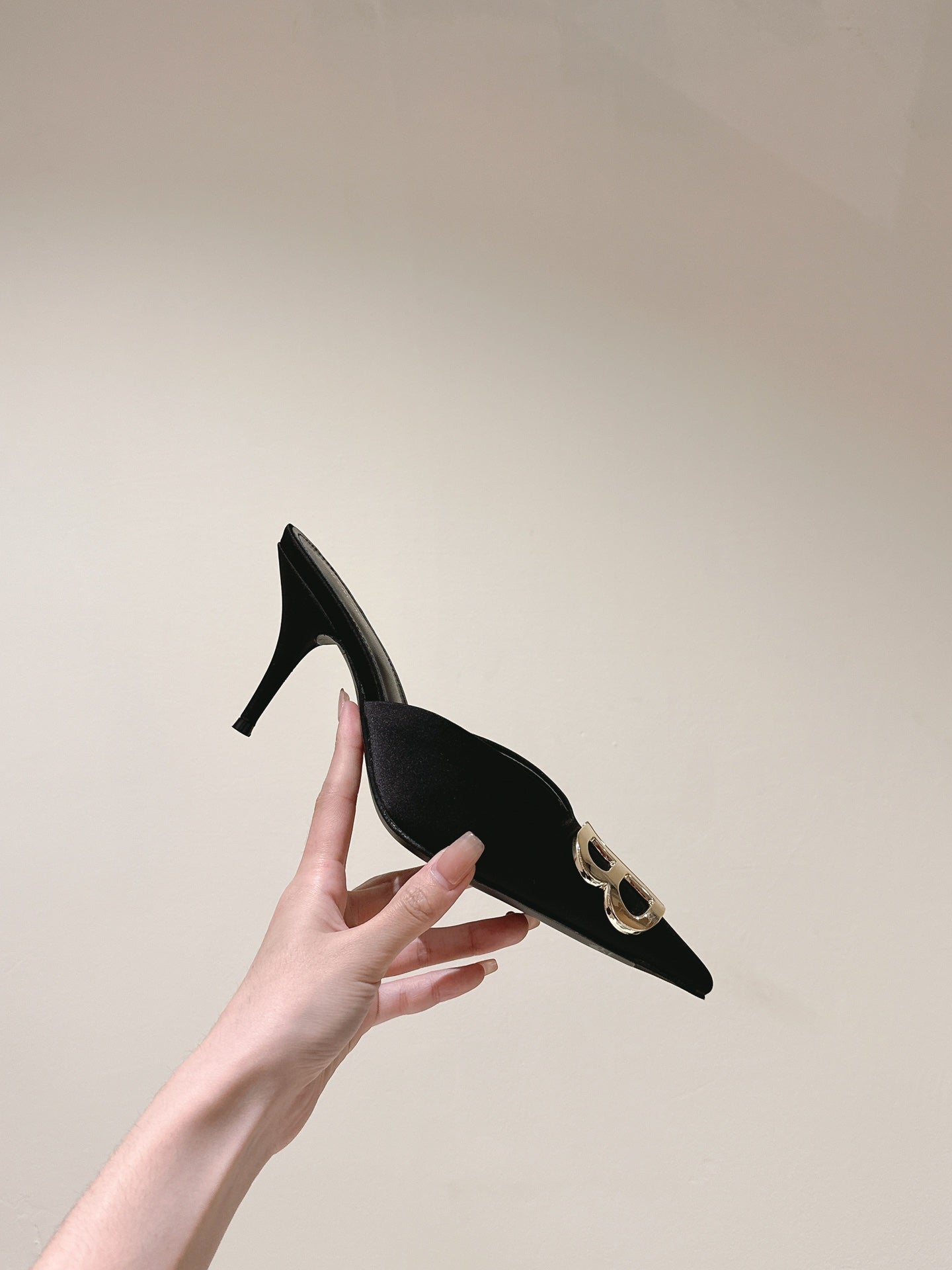 Balanciaga POINTED BB GOLD BUCKLE HIGH MULES IN BLACK SILK