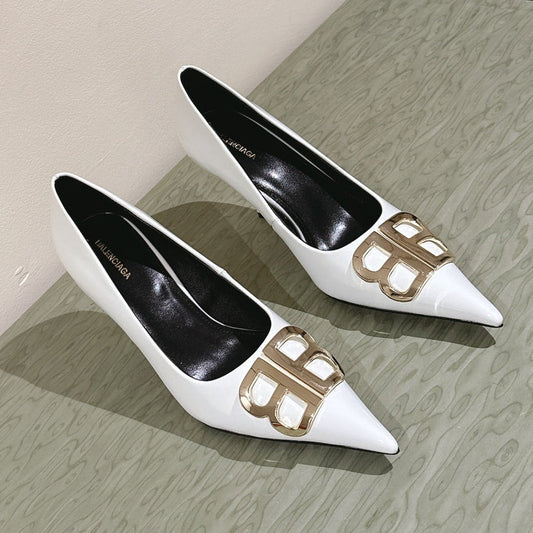 Balanciaga POINTED BB GOLD BUCKLE HIGH PUMPS 85MM IN WHITE PATENT CALFSKIN