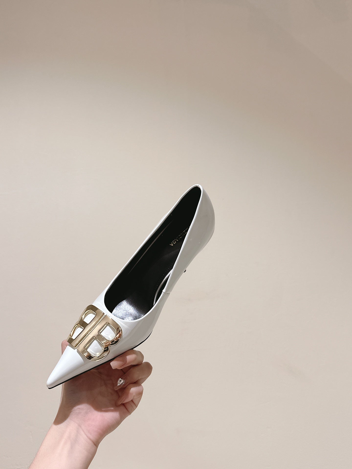 Balanciaga POINTED BB GOLD BUCKLE HIGH PUMPS 85MM IN WHITE PATENT CALFSKIN