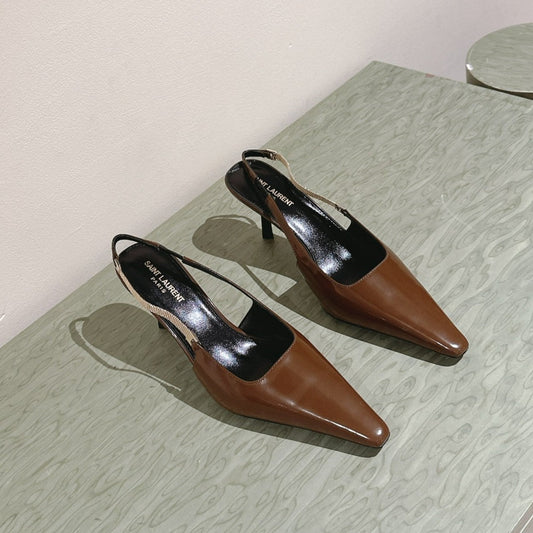 Saint Laurent BLAKE SLINGBACK PUMPS 80 IN BROWN PATENT LEATHER