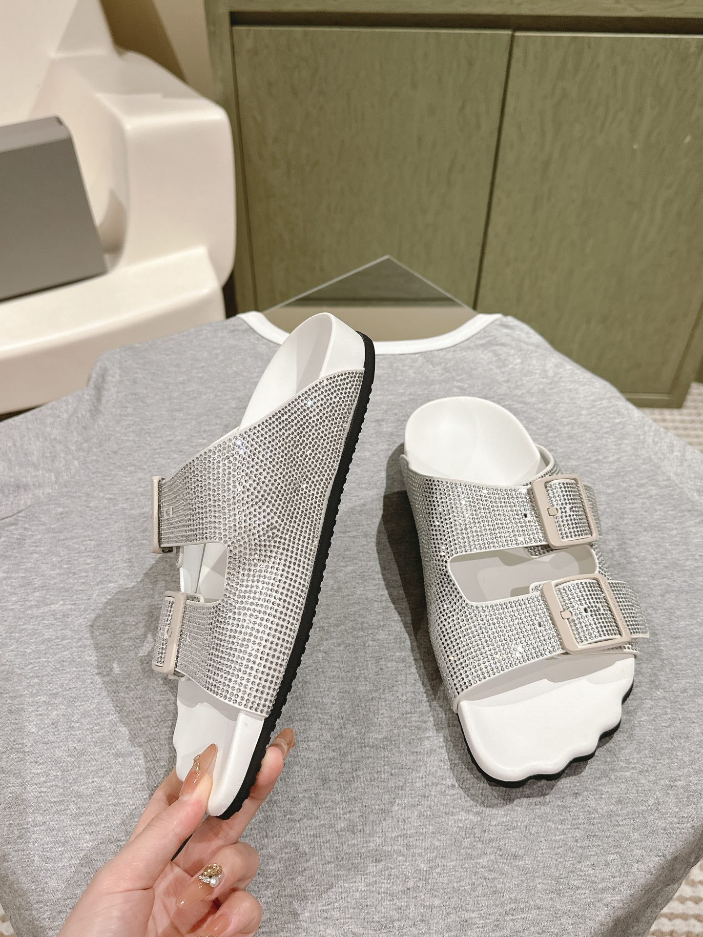 Balanciaga BIRKENSTOCK SLIPPERS ATTACHED RHINESTONES IN WHITE CALFSKIN
