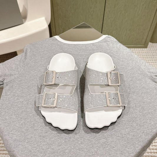 Balanciaga BIRKENSTOCK SLIPPERS ATTACHED RHINESTONES IN WHITE CALFSKIN
