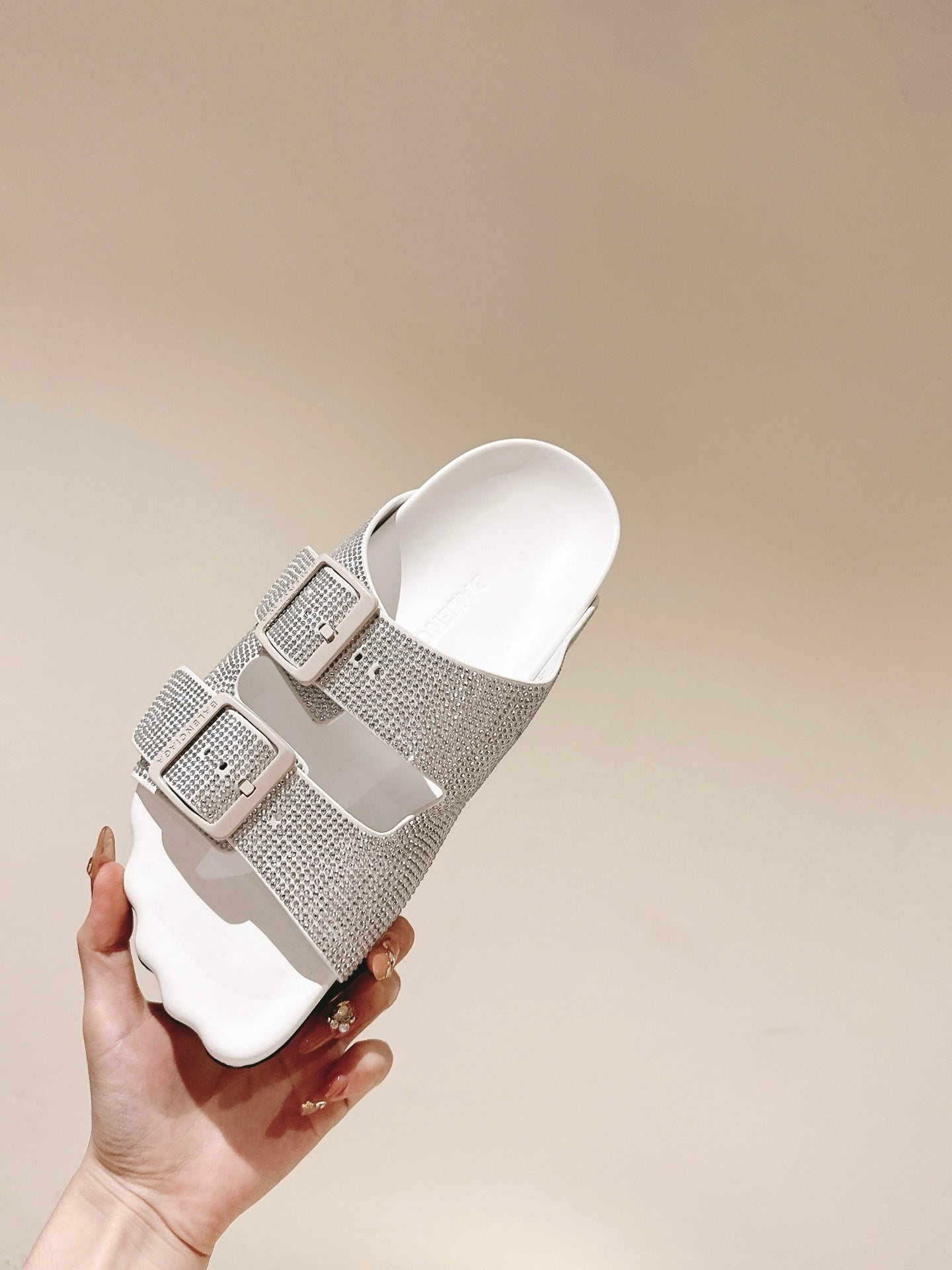 Balanciaga BIRKENSTOCK SLIPPERS ATTACHED RHINESTONES IN WHITE CALFSKIN