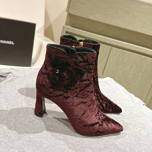 CHANEL Ankle Boots 85mm Brown Red Rough Velvet Fabric