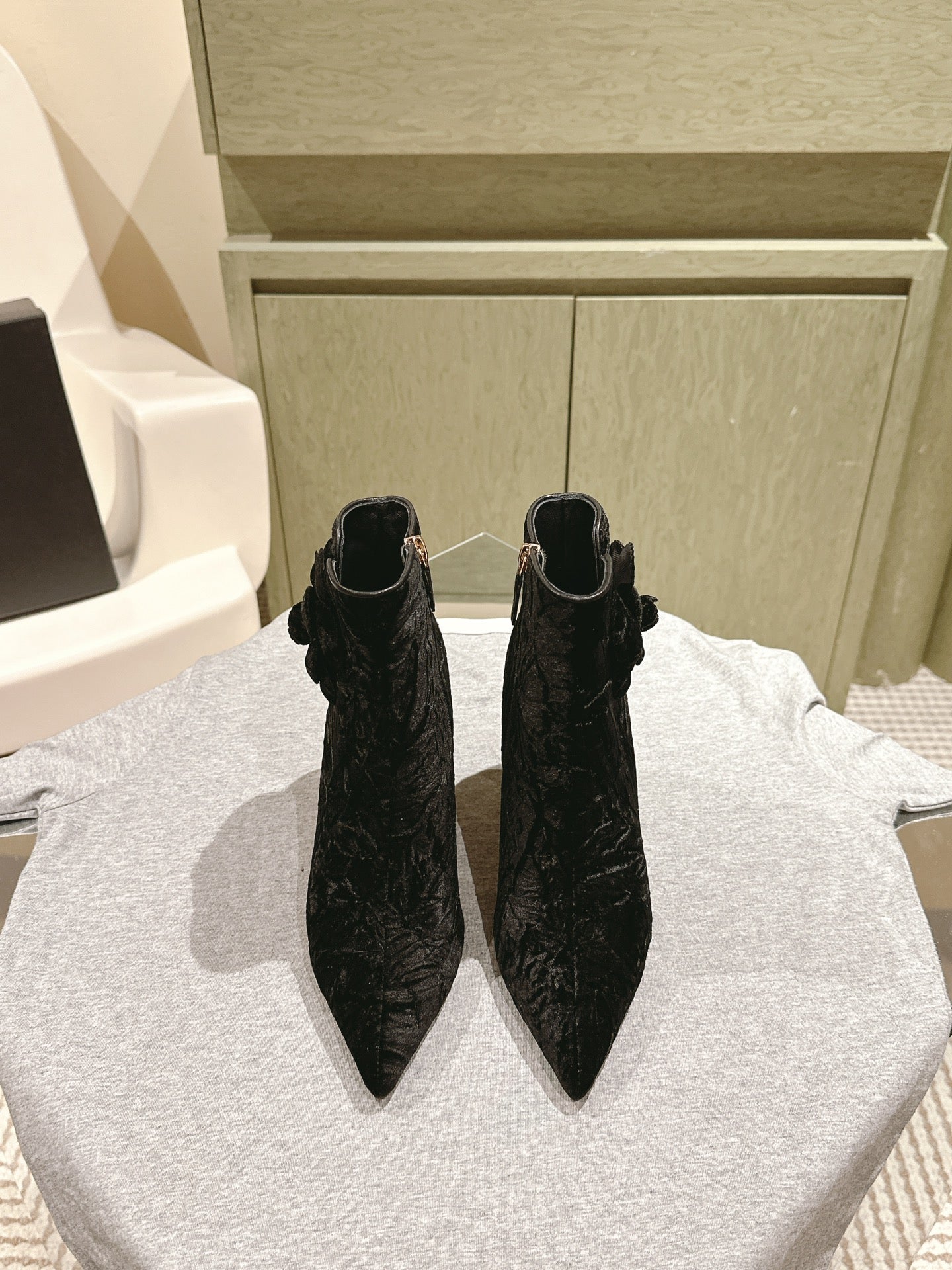 CHANEL Ankle Boots 85mm Black Rough Velvet Fabric