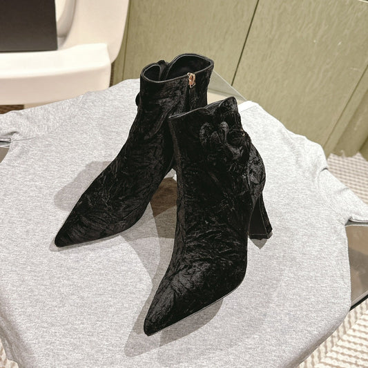 CHANEL Ankle Boots 85mm Black Rough Velvet Fabric