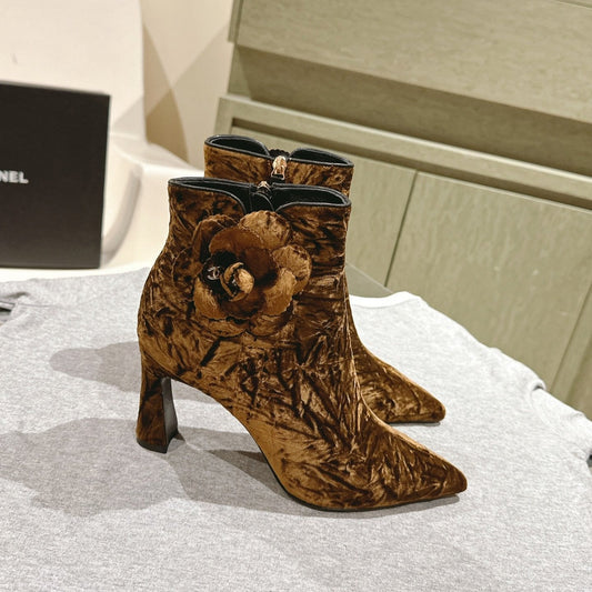 CHANEL Ankle Boots 85mm Brown Yellow Rough Velvet Fabric