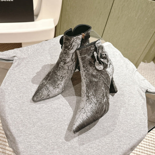 CHANEL Ankle Boots 85mm Silver Rough Velvet Fabric