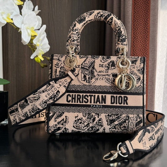 DIOR medium lady 24 black pink embroidery canvas