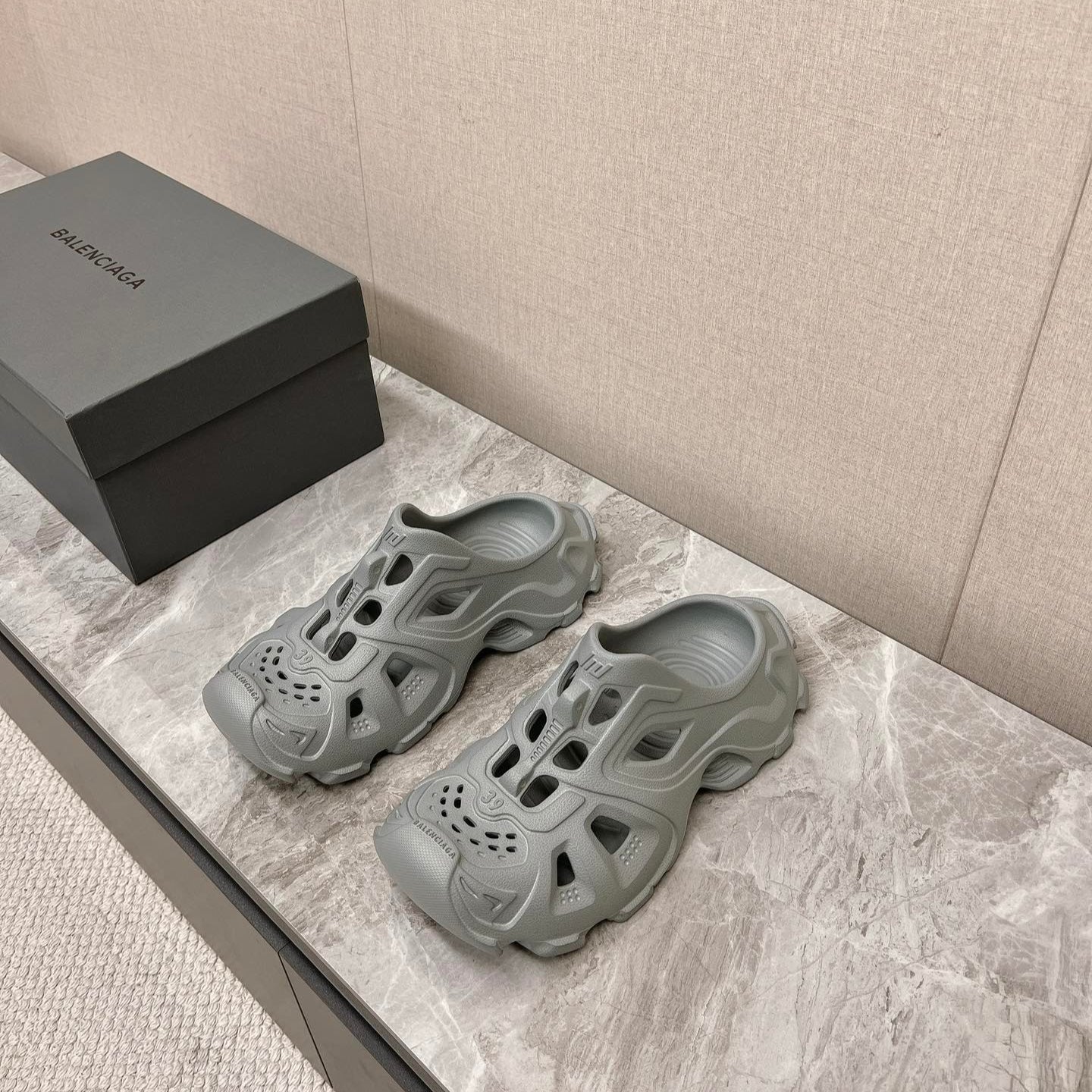 Balanciaga CUT-OUT MULES IN GRAY RUBBER