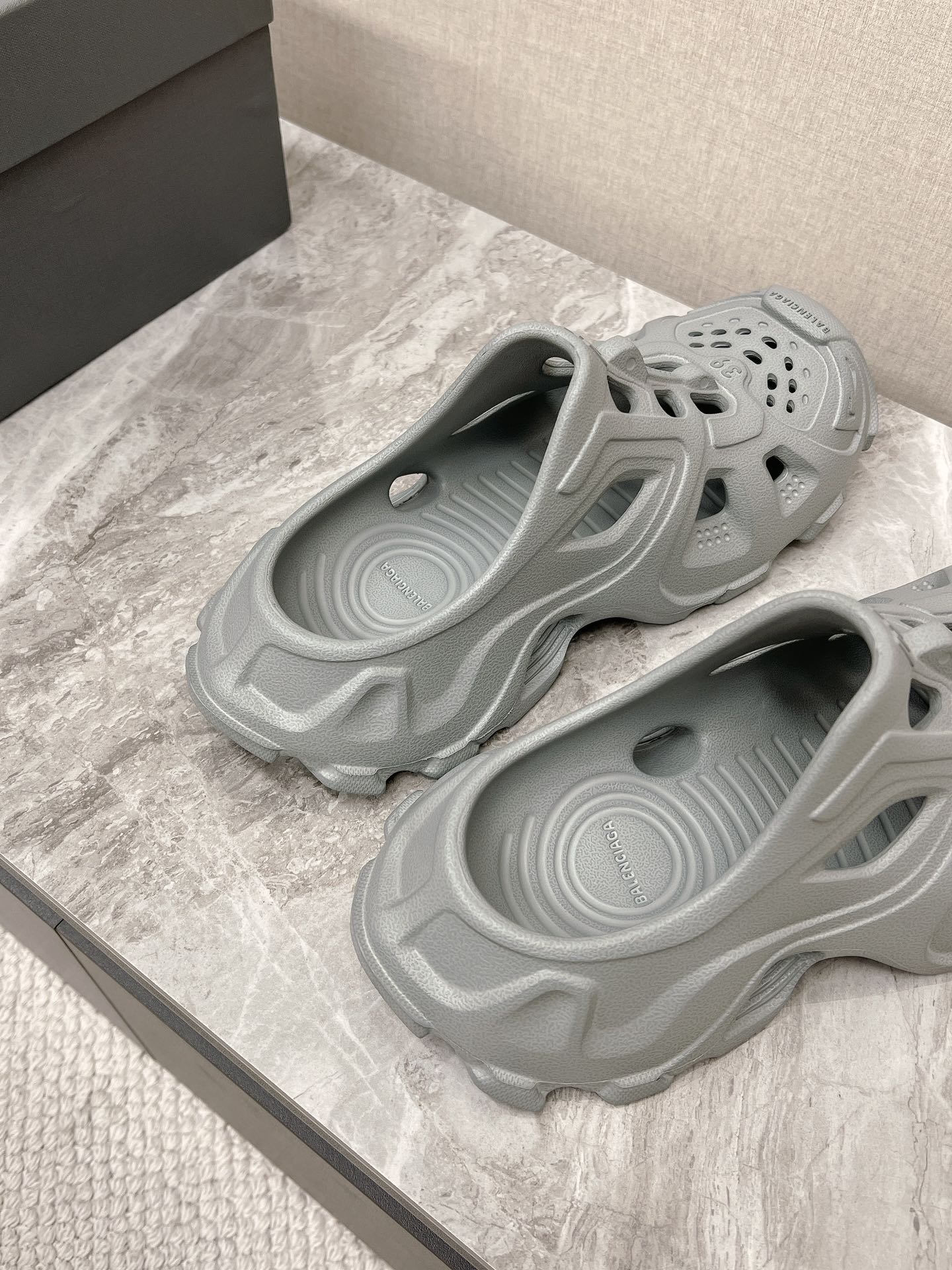 Balanciaga CUT-OUT MULES IN GRAY RUBBER