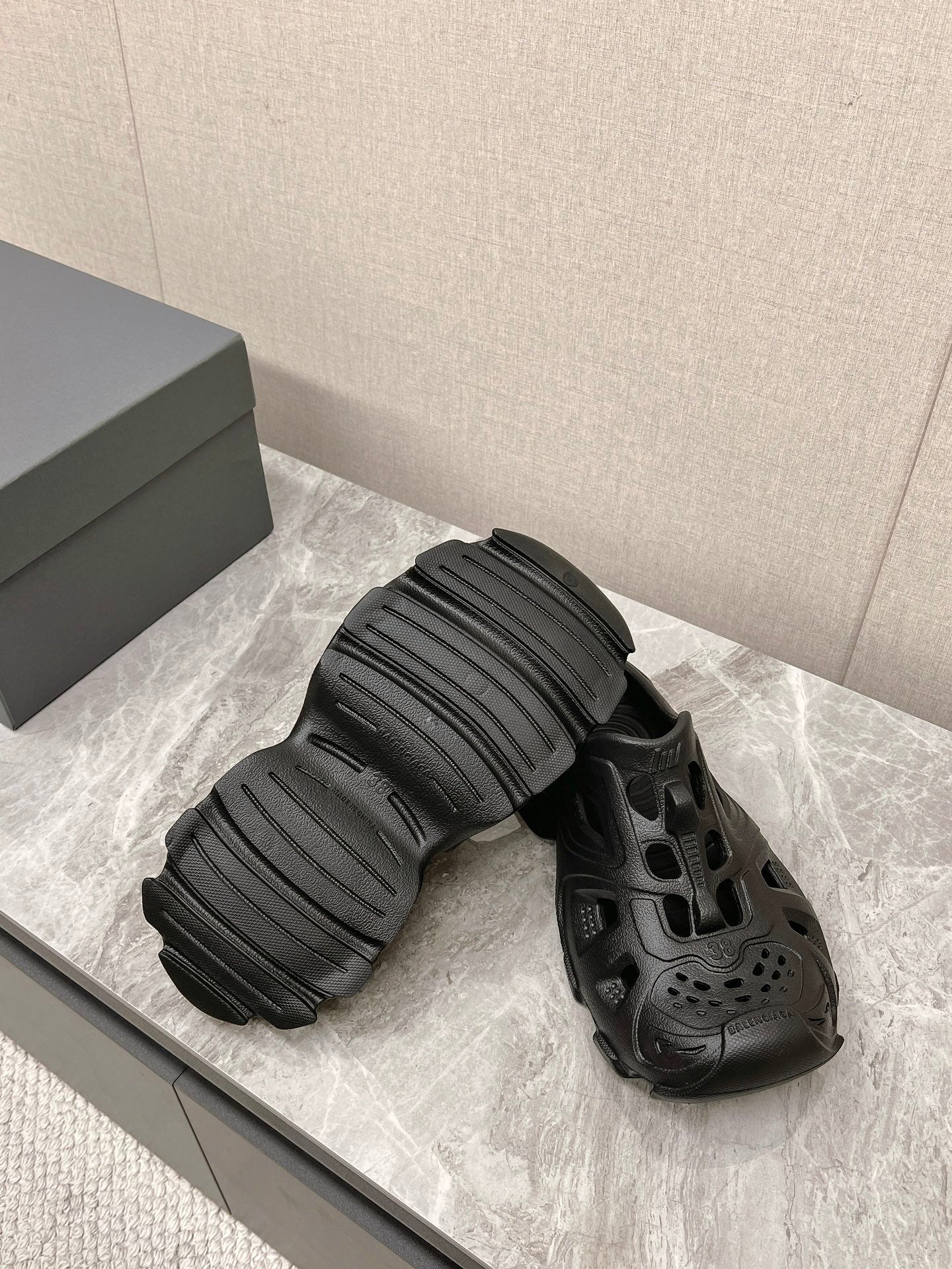 Balanciaga CUT-OUT MULES IN BLACK RUBBER