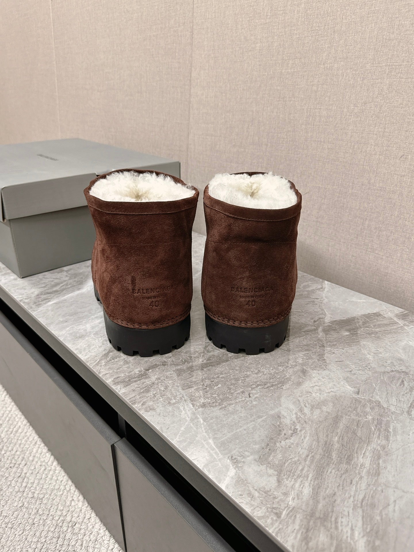 Balanciaga ALASKA BOOTIE IN CHOCOLATE SUEDE AND WOOL LINING