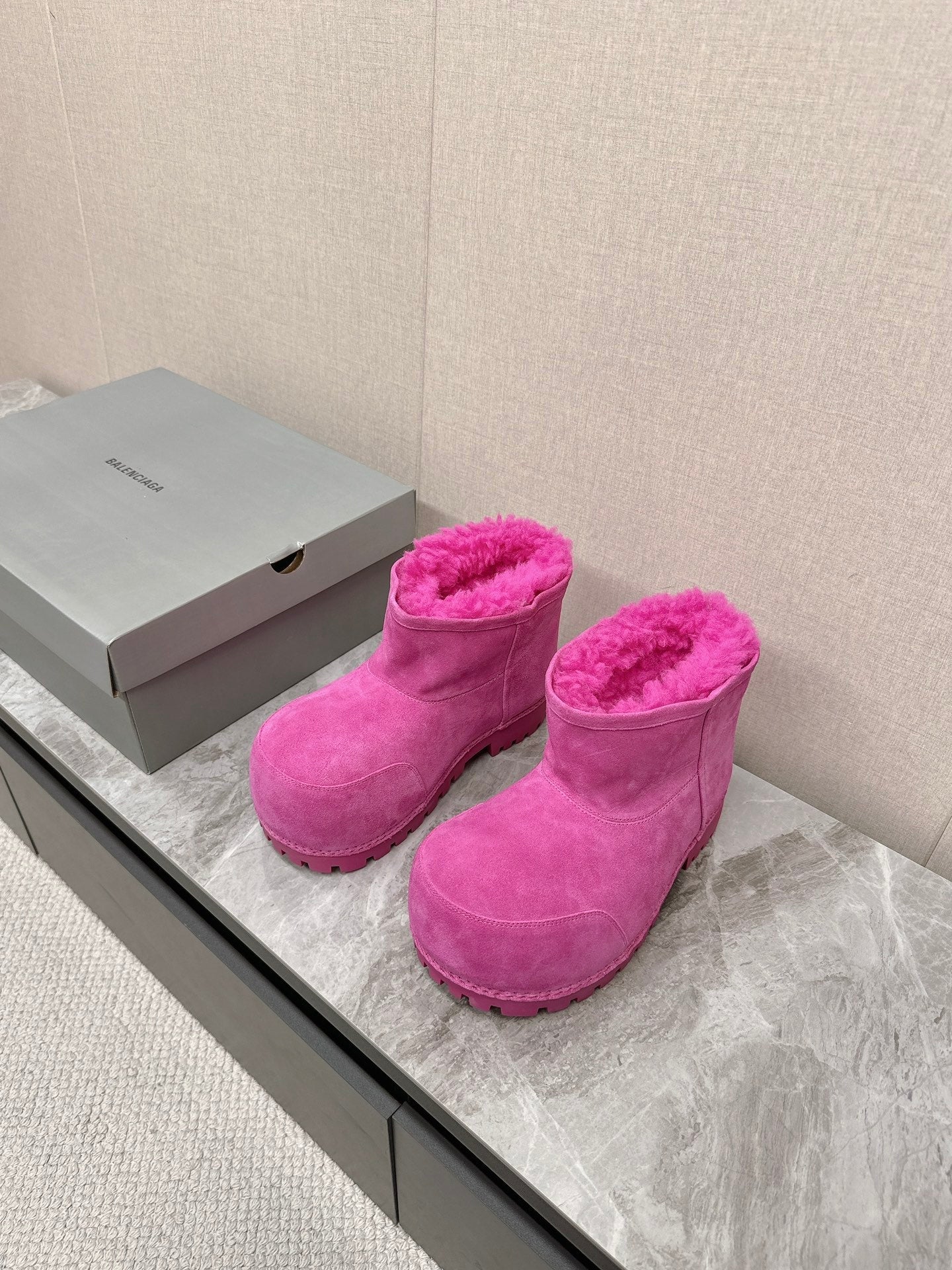Balanciaga ALASKA BOOTIE IN DEEP PINK SUEDE AND WOOL LINING