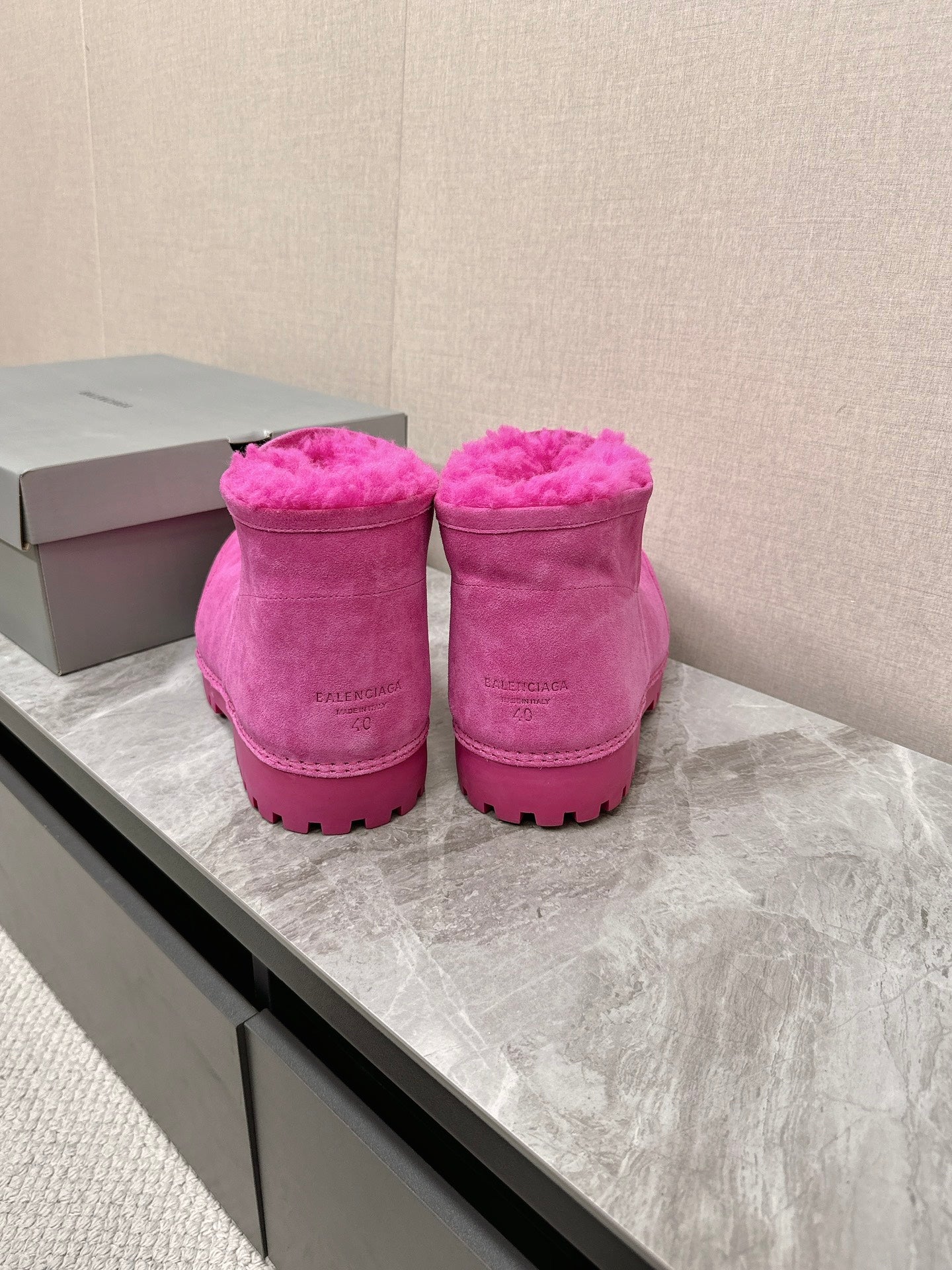 Balanciaga ALASKA BOOTIE IN DEEP PINK SUEDE AND WOOL LINING