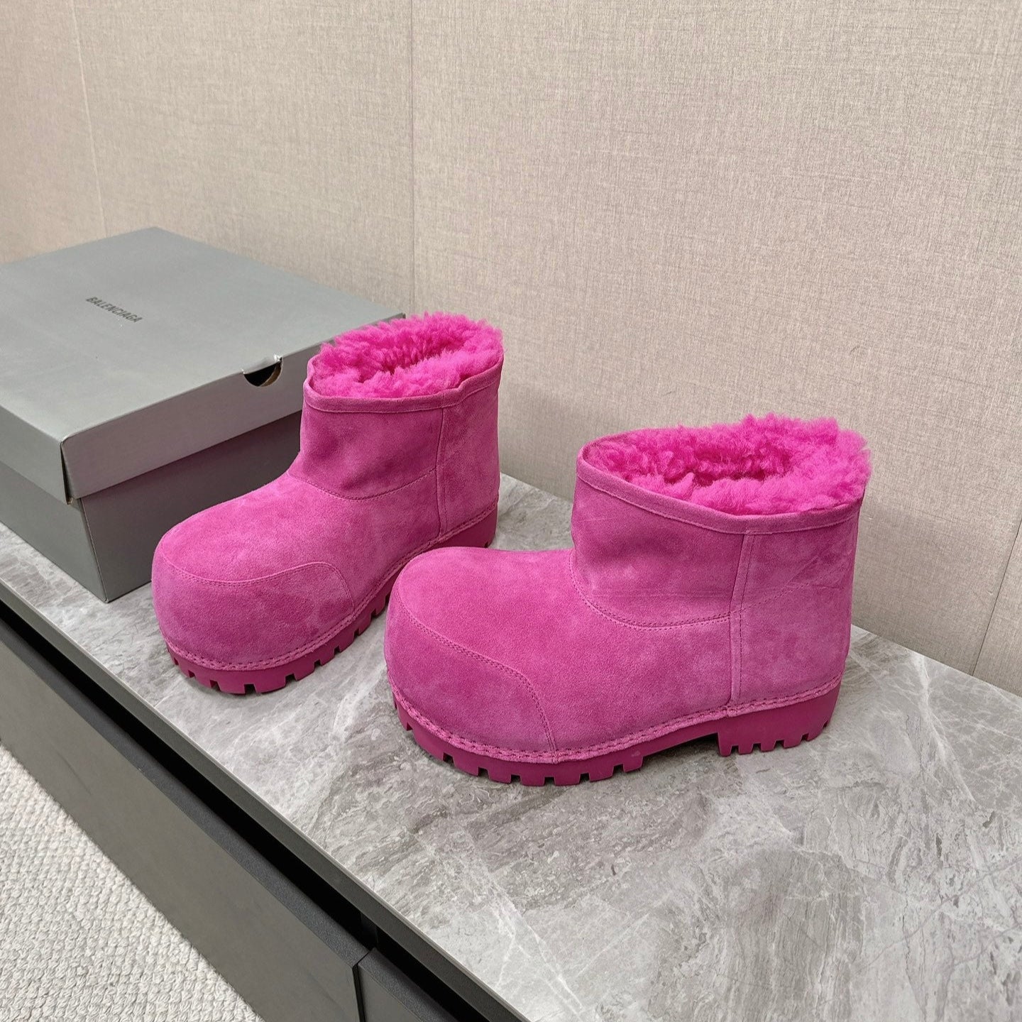 Balanciaga ALASKA BOOTIE IN DEEP PINK SUEDE AND WOOL LINING