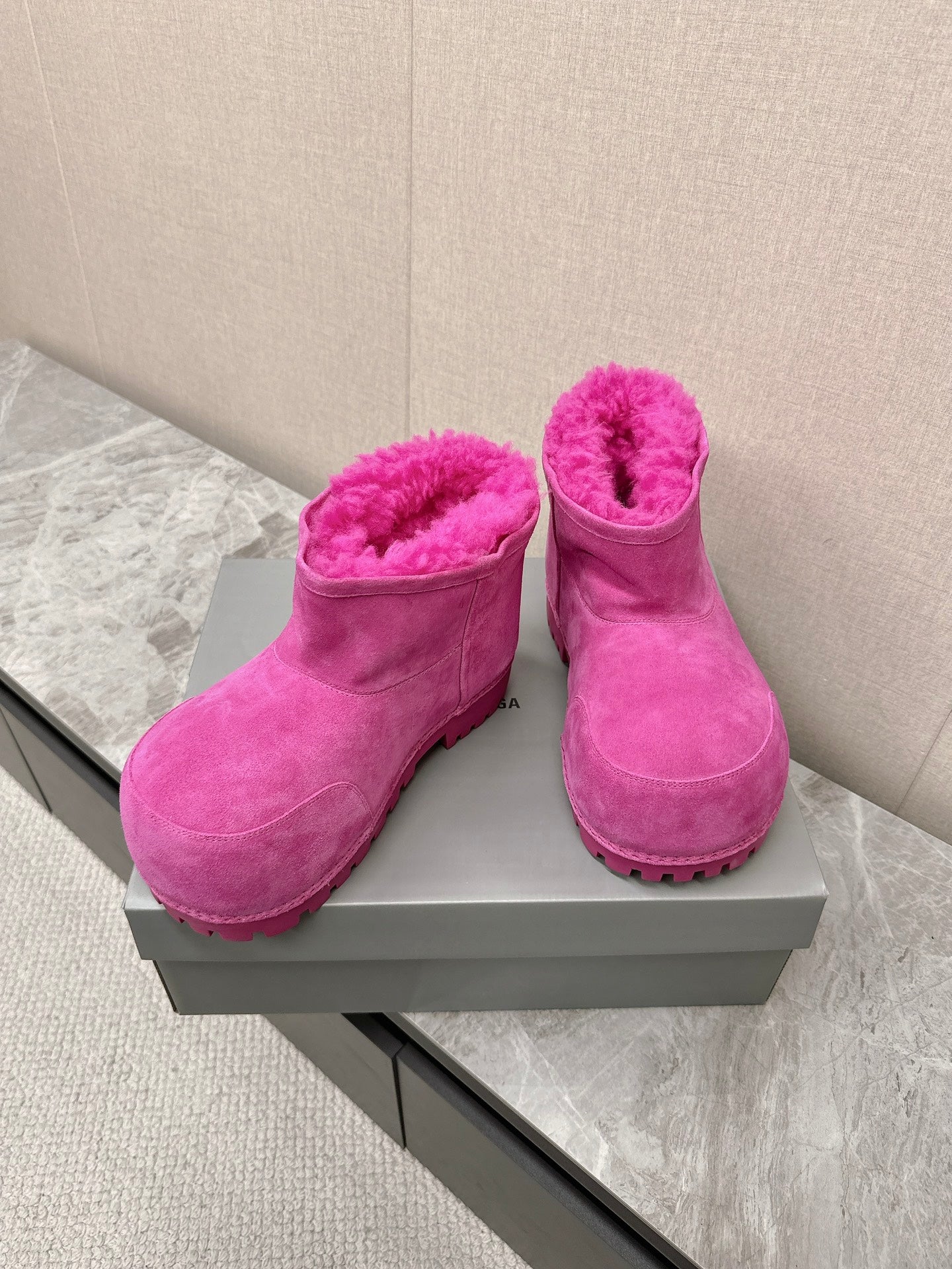 Balanciaga ALASKA BOOTIE IN DEEP PINK SUEDE AND WOOL LINING