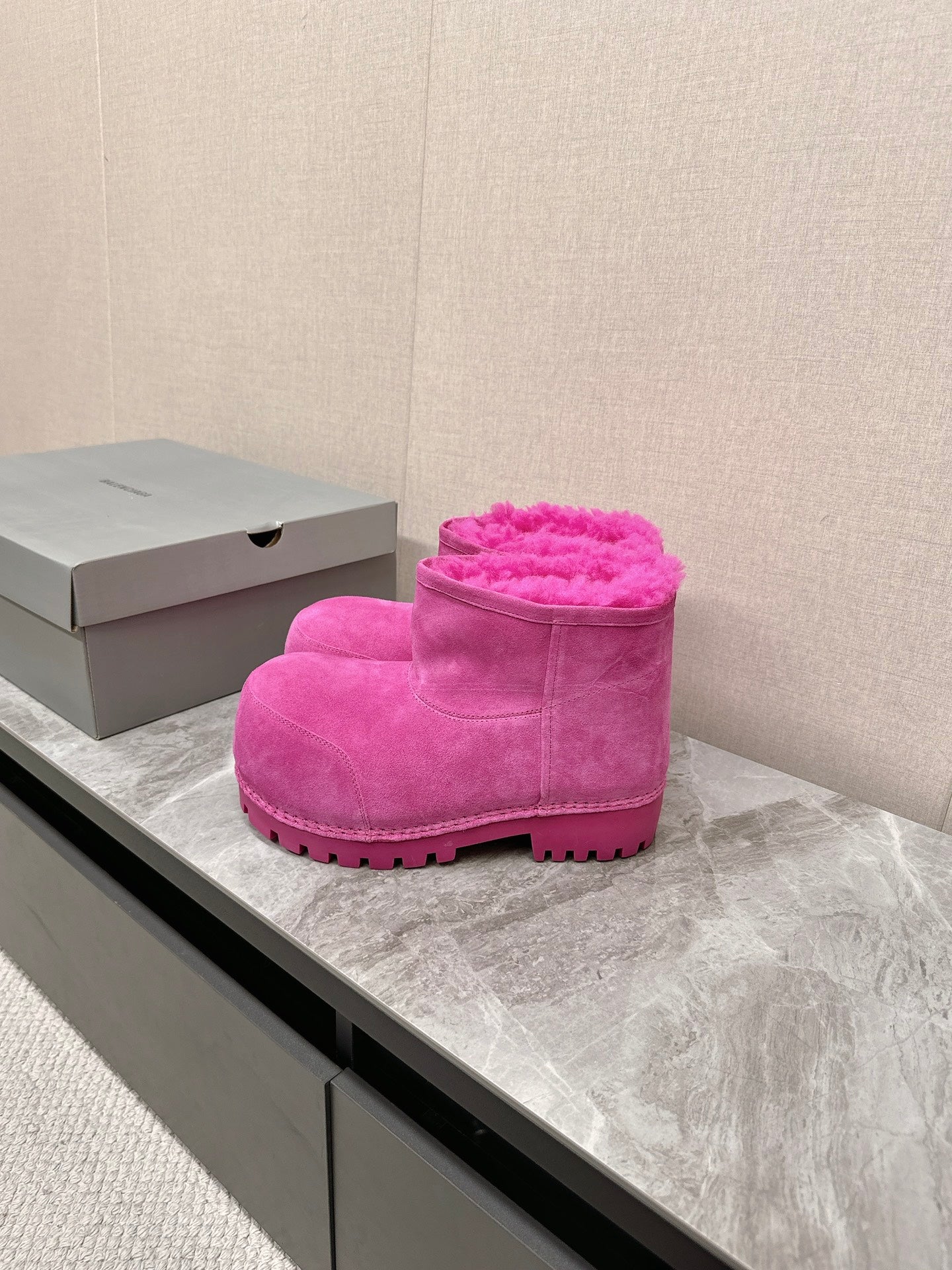 Balanciaga ALASKA BOOTIE IN DEEP PINK SUEDE AND WOOL LINING
