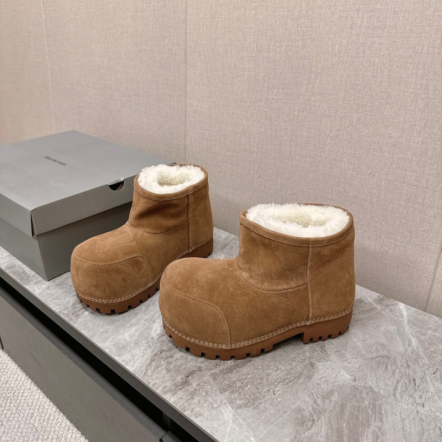 Balanciaga ALASKA BOOTIE IN CIDER BROWN SUEDE AND WOOL LINING
