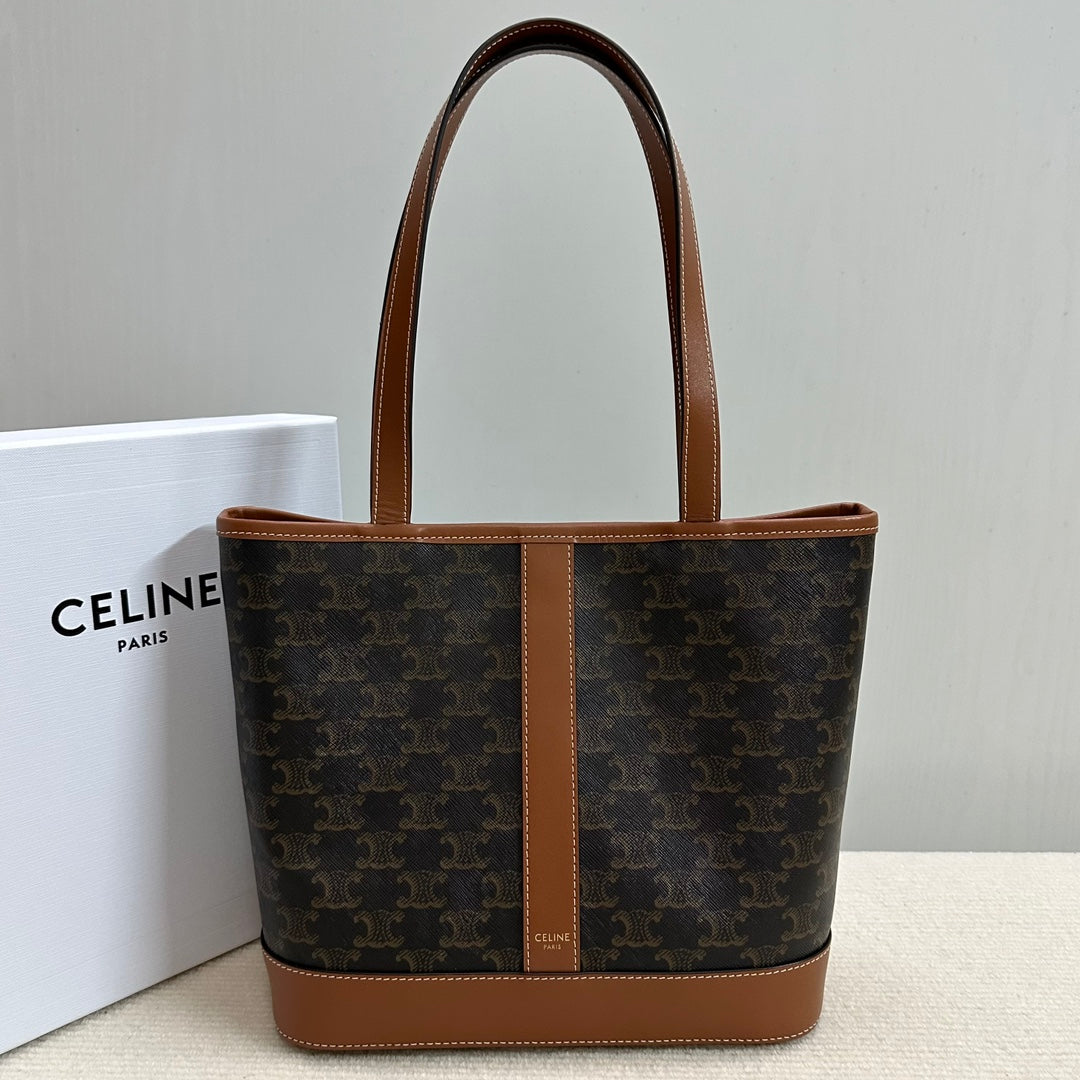 Celine SMALL CABAS TRIOMPHE CANVAS 26.5 TAN CALFSKIN