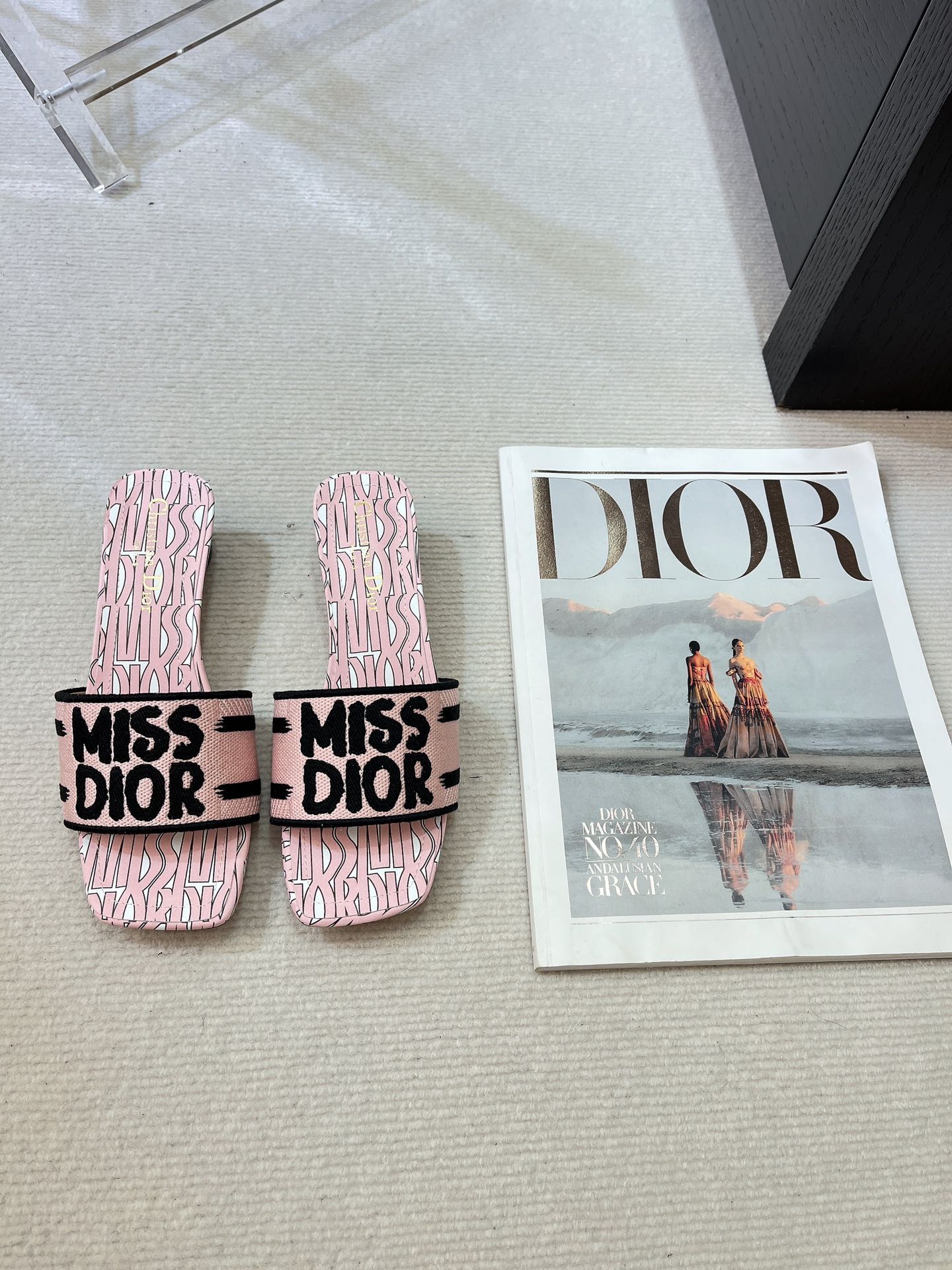 DIOR dway heeled slide 35 embroidered cotton pink miss alllover motif