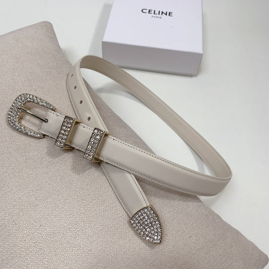 Celine CL 25 MM MARCO BELT WITH STRASS IN WHTE CALFSKIN GOLD HARDWARE