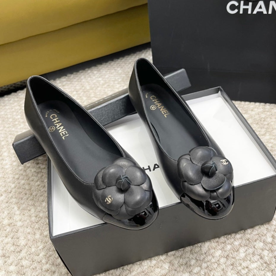 CHANEL ballet flat flower black calfskin