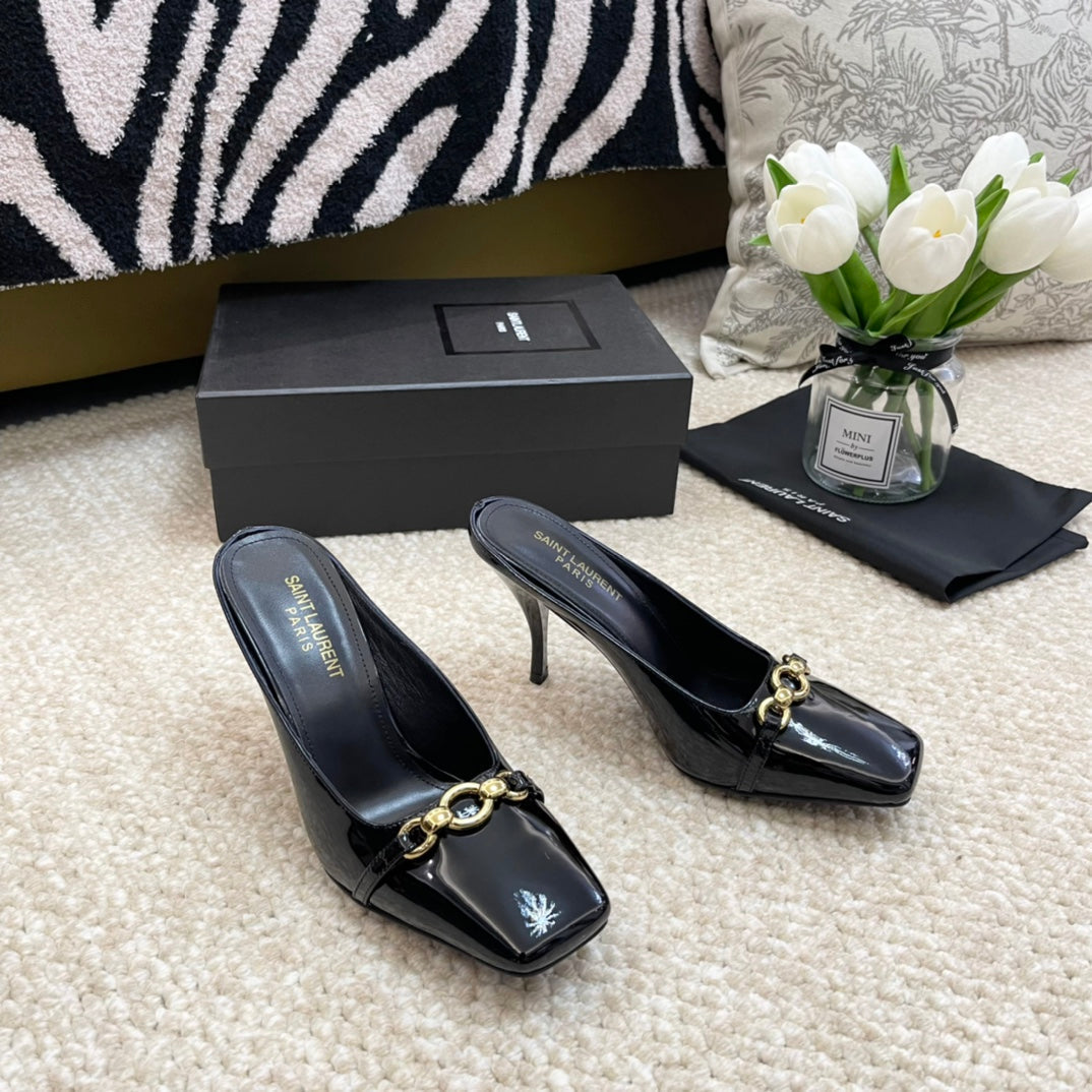 Saint Laurent SL SQUARE TOE MULES BLACK CALFSKIN