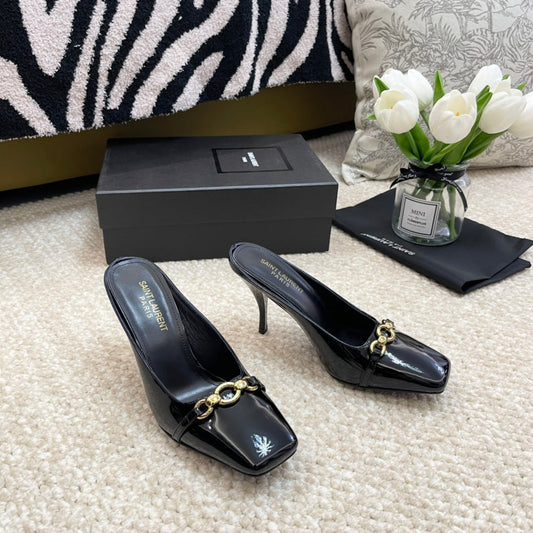 Saint Laurent SL SQUARE TOE MULES BLACK CALFSKIN