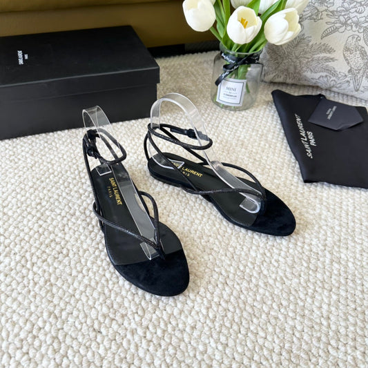 Saint Laurent SL CRYSTAL FLAT SANDALS BLACK SUEDE