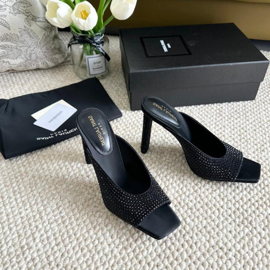 Saint Laurent SL SEPT MULES BLACK SATIN AND RHINESTONES