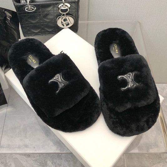 Celine THICK-SOLED SLIPPER IN BLACK LAMB FUR