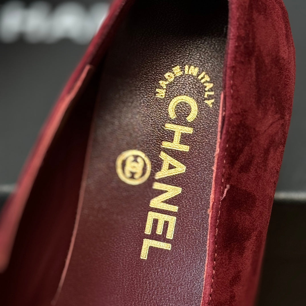 CHANEL Ballet Flats Red With Camellia Red Suede